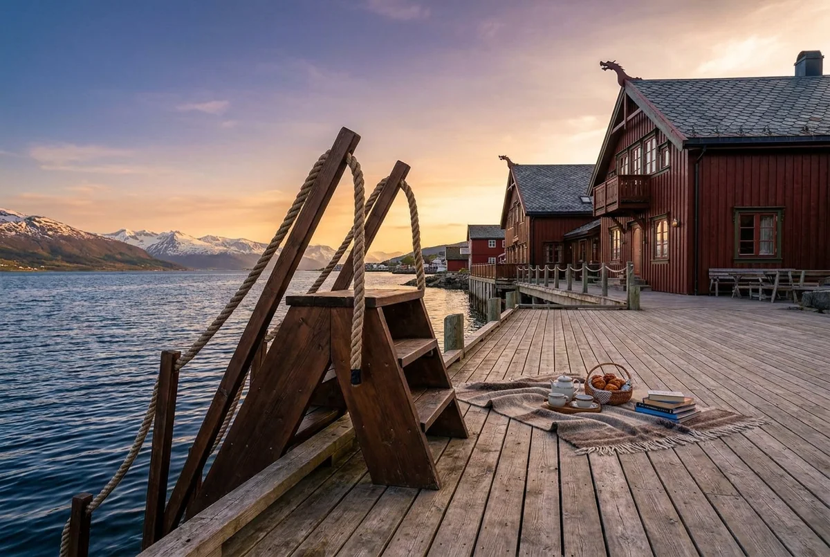 Wool robes and a timber bench on the sauna deck, looking out to the sound