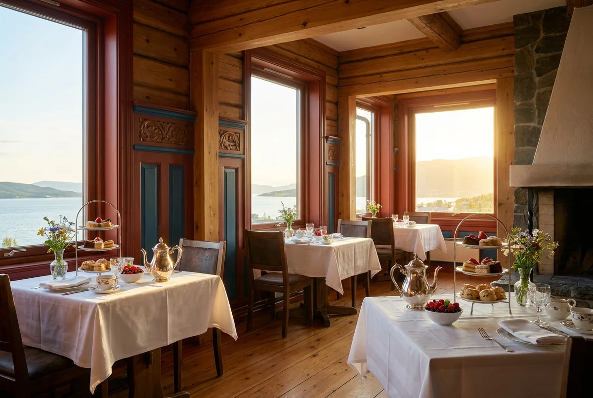 Long timber table set for breakfast under a north window
