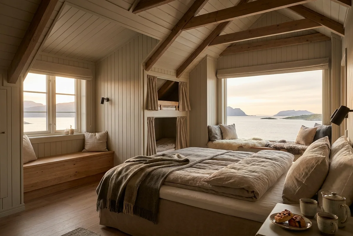 Loft room under exposed rafters with a north-facing window seat