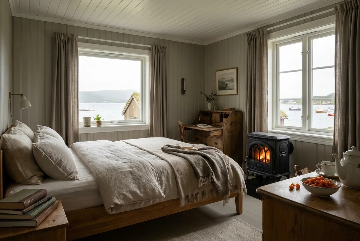 Ground-floor room around an old keeper's desk with undyed linen and a stove