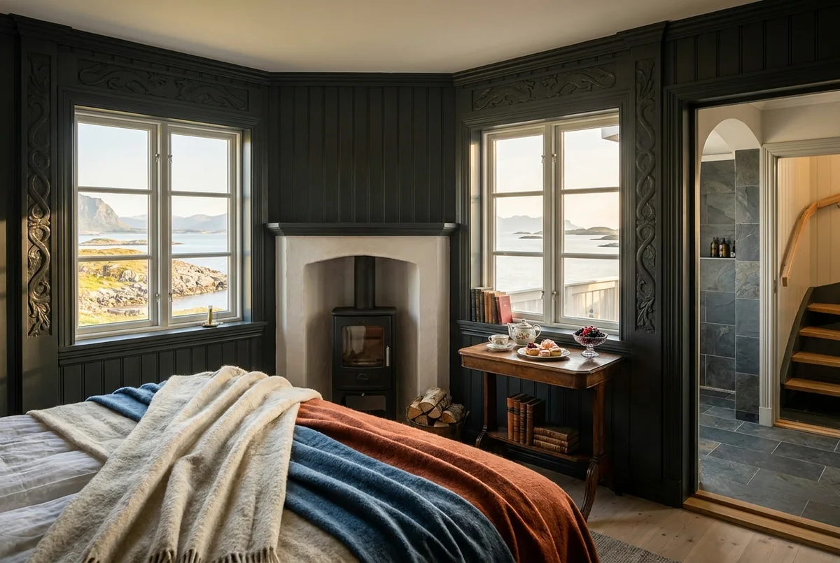 Corner room with two sound-facing windows and a whitewashed hearth