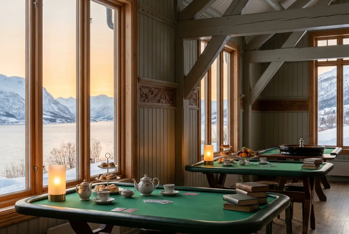 Glazed winter-garden room with potted birches and lamp-warm gaming tables